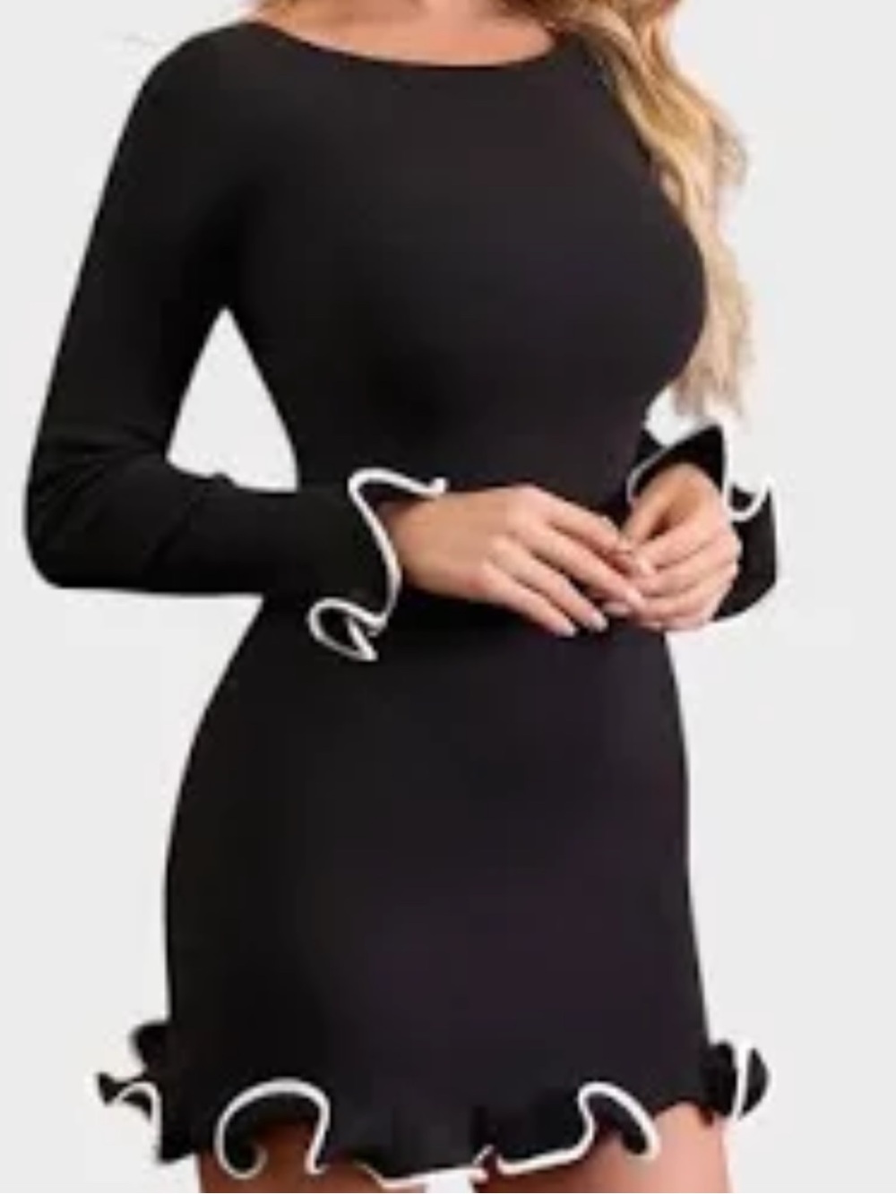 Black Ruffle Hem Long-Sleeve Bodycon Dress